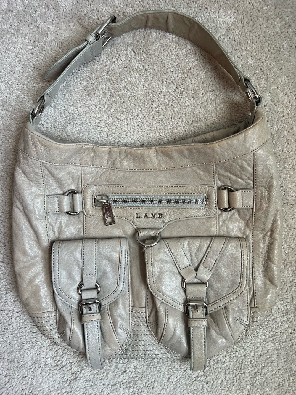 L.A.M.B. Gwen Stefani Y2K Metallic Cream Leather Shoulder Bag OS